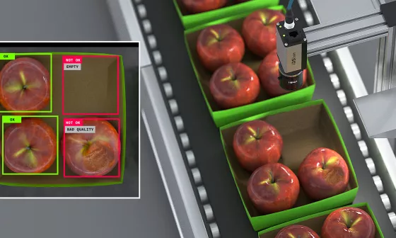 Une caméra IDS vérifie l'intégralité et la qualité des pommes emballées sur un tapis roulant.
