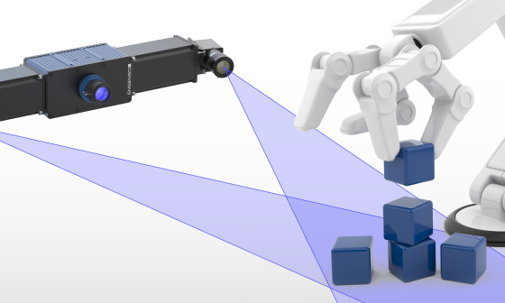 Illustration d'un bras robotisé empilant des caisses et d'une caméra 3D Ensenso.