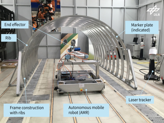 Maquette d'une structure de châssis d'avion avec robot mobile, y compris les inscriptions.
