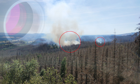 Feu de forêt marqué en rouge, en haut à gauche estompée se trouve une caméra industrielle IDS