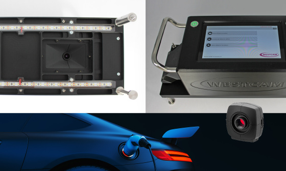 Collage avec dispositif de contrôle, appareil WESTCAM, voiture électrique et caméra industrielle