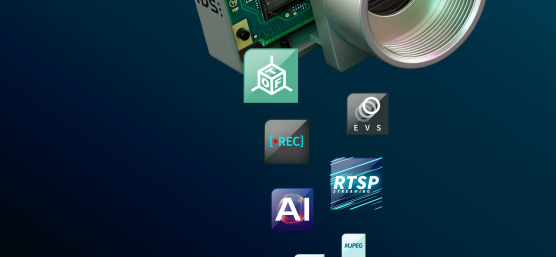 Caméra IDS uEye basée sur les événements avec plusieurs icônes pour TOF, EVS, REC, RTSP, AI, MPEG, H264.