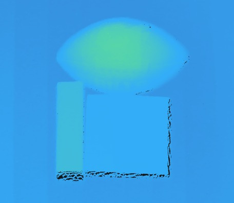 Carte de profondeur avec une surface bleue et des contours d'objets à faible contraste