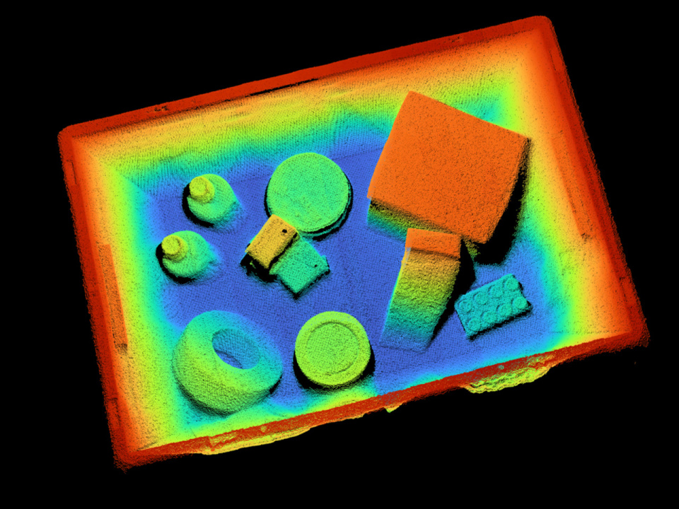 Nuage de points 3D coloré représentant divers objets dans une boîte
