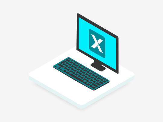 Illustration informatique isométrique avec un écran bleu et un logo « X » blanc.
