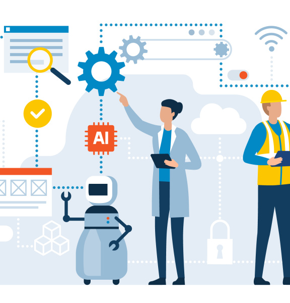 Représentation graphique de deux personnes et d'un robot, nombreux symboles différents comme AI, WLAN ou engrenages