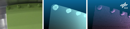 Images d'une plaque avec rivets : image réelle, nuage de points CAO, nuage de points de la caméra 3D