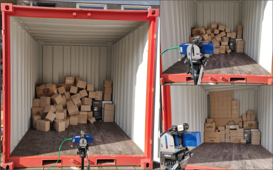 Conteneur inspecté à l'aide d'une caméra industrielle IDS Ensenso, le conteneur contient des cartons empilés de différentes manières.