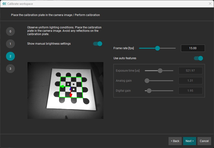 Dialogue de calibration avec plaque à damier et alignement dans l’image.