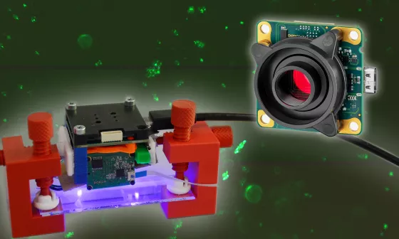 Microscope à fluorescence avec puce microfluidique et caméra USB3 haute résolution de la famille uEye XLE