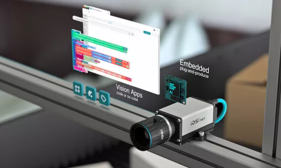 Caméra d'intelligence artificielle IDS NXT avec objectif et connexion PoE, entourée d'un logiciel d'intelligence artificielle pour l'analyse d'images