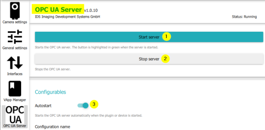 Dans la section Serveur OPC UA, les possibilités de démarrage, d'arrêt et de démarrage automatique du serveur sont marquées.