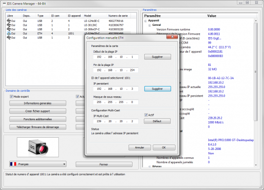 IDS Software Suite pour caméras-industrielles : IDS caméra manager - configuration manuelle ETH