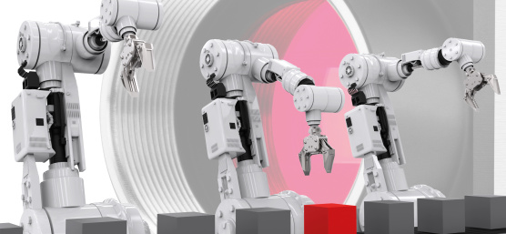 Illustration de robots se tenant devant une caméra et saisissant des cubes sur un tapis roulant.