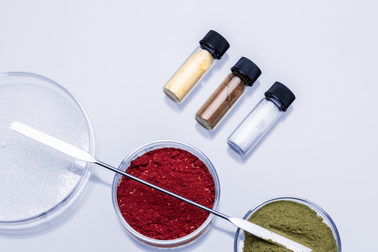 Boîtes de Pétri et récipients en verre contenant des échantillons de matériaux de différentes poudres