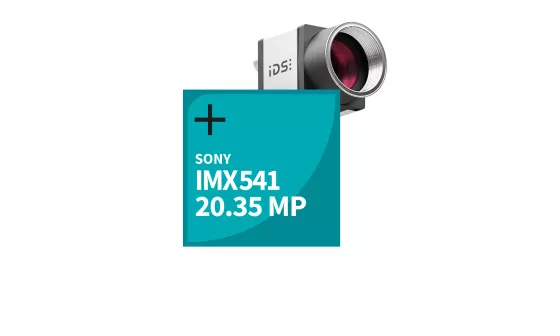 Affiche la caméra uEye+ CP, devant la surface avec le texte du nom du capteur IMX541 et la résolution 20 MP