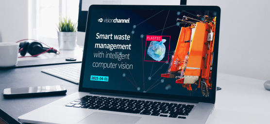 Sur l'écran d'un ordinateur portable, on peut voir l'annonce de la vidéo Vision Channel sur la solution d'application IA pour la gestion des déchets.