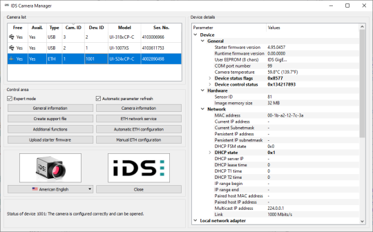 Capture d'écran du gestionnaire de caméra IDS et des applications (Par exemple : Camera list, device details)
