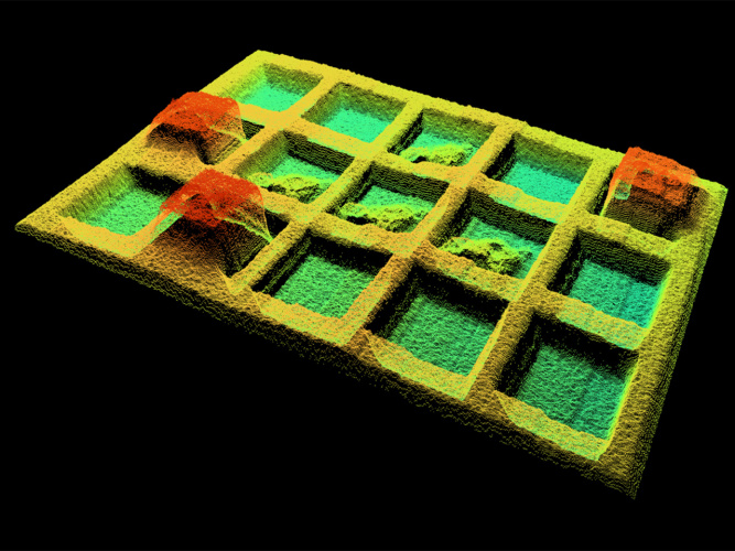 Nuage de points 3D coloré d'un plateau compartimenté comportant des reliefs