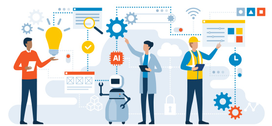 Représentation graphique de deux personnes et d'un robot, nombreux symboles différents comme AI, WLAN ou engrenages