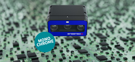 Caméra Ensenso B 3D avec circuit imprimé en arrière-plan et étiquetée « Monochrome ».