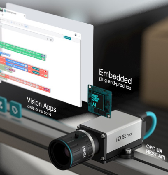 Une caméra IDS NXT avec IA et objectif IDS est vissée sur un profilé métallique et connectée par PoE.