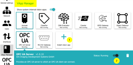Dans le VApp Manager, les différentes étapes qui permettent de démarrer le serveur OPC UA sont marquées par des chiffres.
