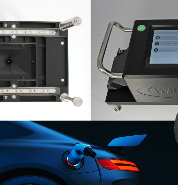 Collage avec dispositif de contrôle, appareil WESTCAM, voiture électrique et caméra industrielle