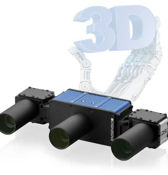 Caméra Ensenso série X et, en arrière-plan, une main robotique tenant une inscription « 3D
