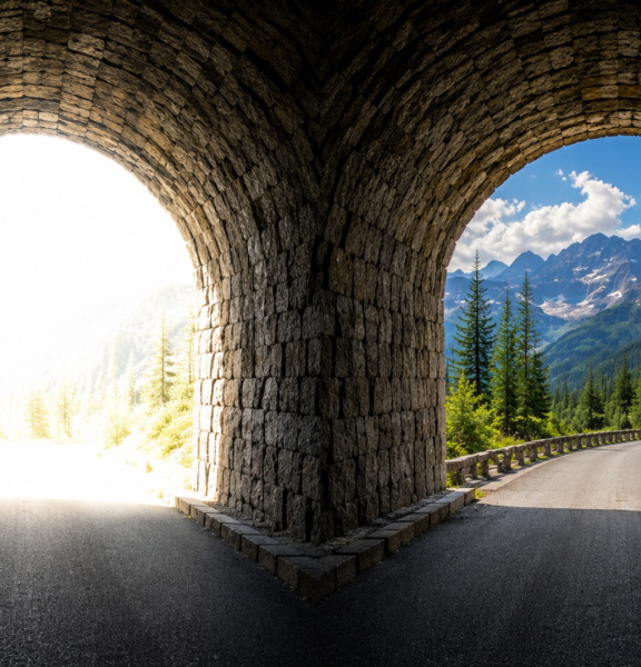 Vue à travers un tunnel avec arrière-plan surexposé, comparée à une image avec HDR