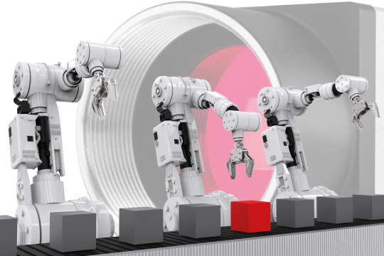 Illustration de robots se tenant devant une caméra et saisissant des cubes sur un tapis roulant.