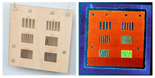Planche en bois avec des fentes de 5 mm à 1 mm, illustrant la précision de la résolution des détails de la caméra 3D.