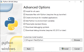 Boîte de dialogue d'installation de Python - Options avancées