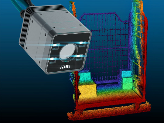 Une caméra 3D capture un nuage de points colorisé d'un conteneur roulant chargé.