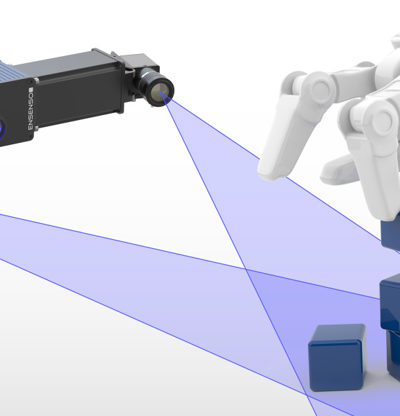 Illustration d'un bras robotisé empilant des caisses et d'une caméra 3D Ensenso.