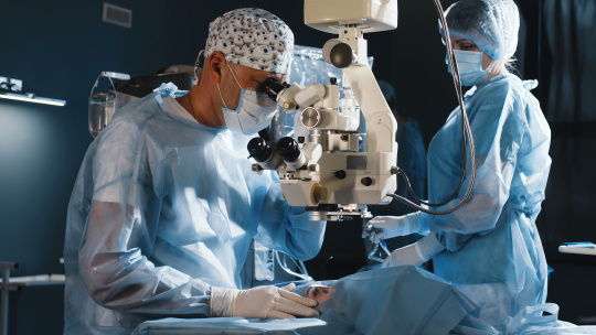 Personnel médical opérant un œil sous un microscope chirurgical.