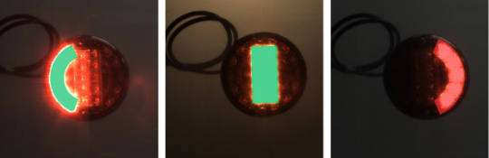 3 prises de vue d’un feu arrière multichambres avec un voyant vert ou rouge activé.