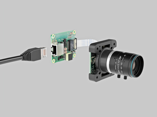 Système de caméra industrielle modulaire avec objectif, module capteur, carte fille et interface Ethernet pour des solutions de traitement d'images flexibles