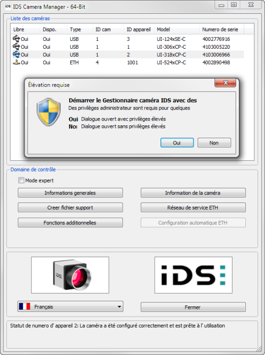 Capture d'écran de IDS Camera Manager avec fenêtre contextuelle « Accès administratif demandé ».