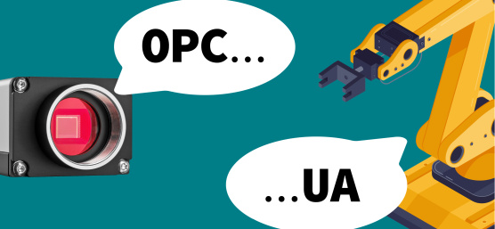 Caméra uEye et robot (chacun coupé) qui parlent entre eux dans des bulles sur OPC UA