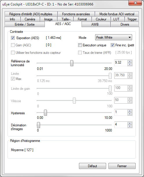 Capture d'écran pour le réglage de la fonctionnalité du flash pour la uEye LE USB 3.1 Gen 1