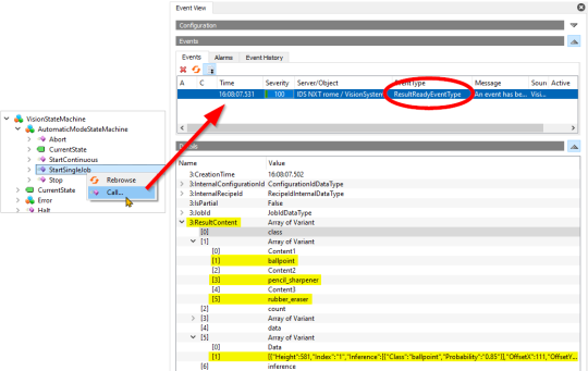 Un événement ResultReadyEvent est reçu de la caméra dans l'EventView.