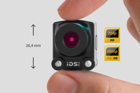 Caméra uEye XS avec indication de la hauteur 26,4 mm et icône HD & Full HD