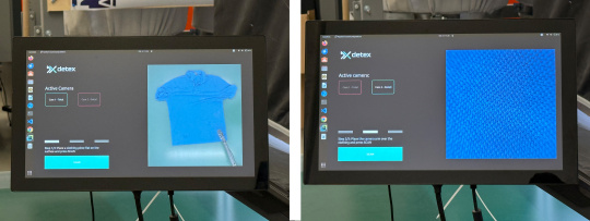 L'écran de gauche affiche une image d'un t-shirt bleu, tandis que celui de droite présente un gros plan du tissu bleu.