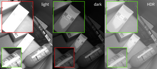 Exemples d'étiquettes surexposées, sous-exposées et en HDR