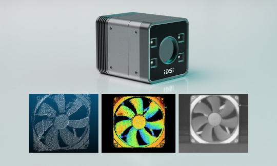 Caméra industrielle avec nuage de points 3D, image de profondeur et d'intensité d'un ventilateur en rotation.