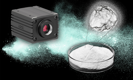 uEye Warp10 à côté d'une boîte de Pétri avec un échantillon de matériau à grain très fin et nuage de points d'une particule