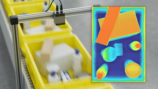 Conteneur industriel avec encart d’analyse 3D coloré