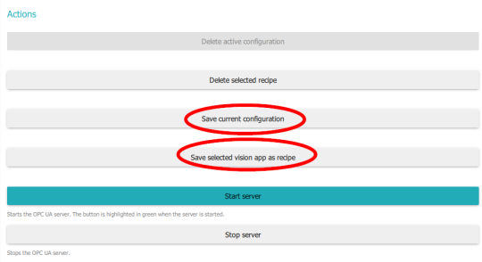 Sous Actions, les cercles rouges permettent d'enregistrer la configuration et l'application Vision.