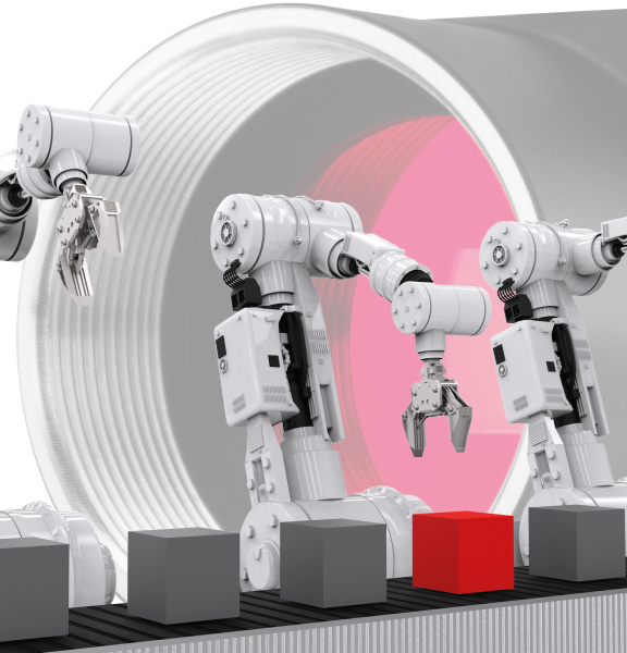 Illustration de robots se tenant devant une caméra et saisissant des cubes sur un tapis roulant.